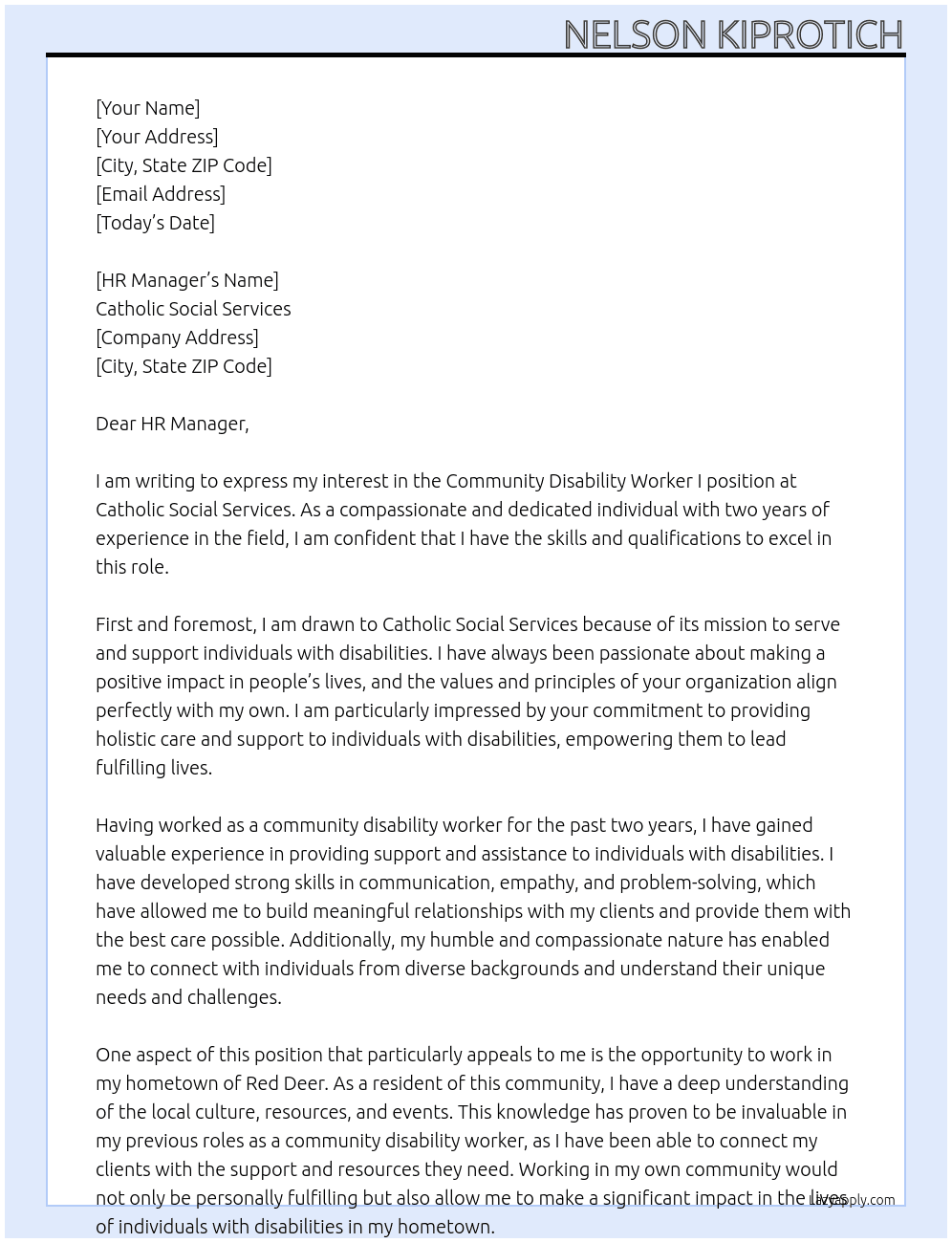 Community Disability Worker I  At Catholic Social Services Cover Letter
