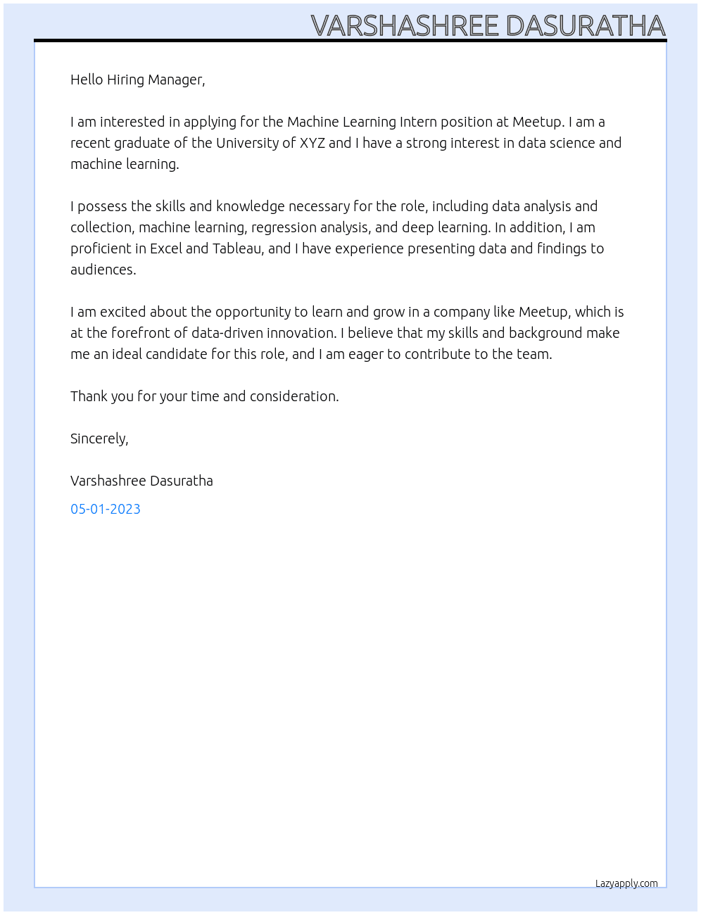 Machine Learning Intern At Meetup Cover Letter