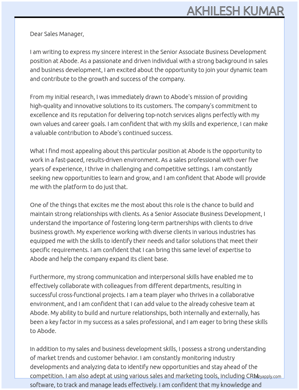 Senior Associate Business Development At Abode Cover Letter