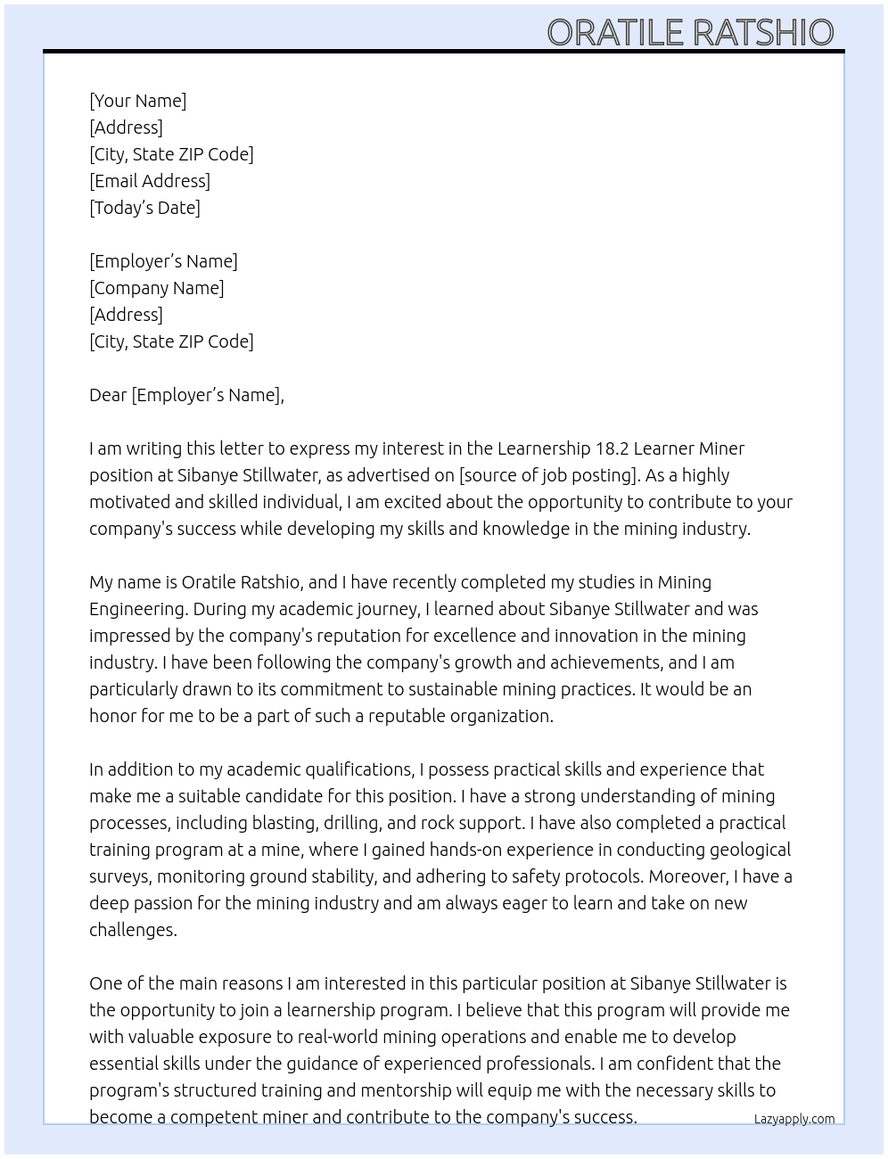 Learnership 18.2 Learner Miner At SIBANYE STILLWATER  Cover Letter
