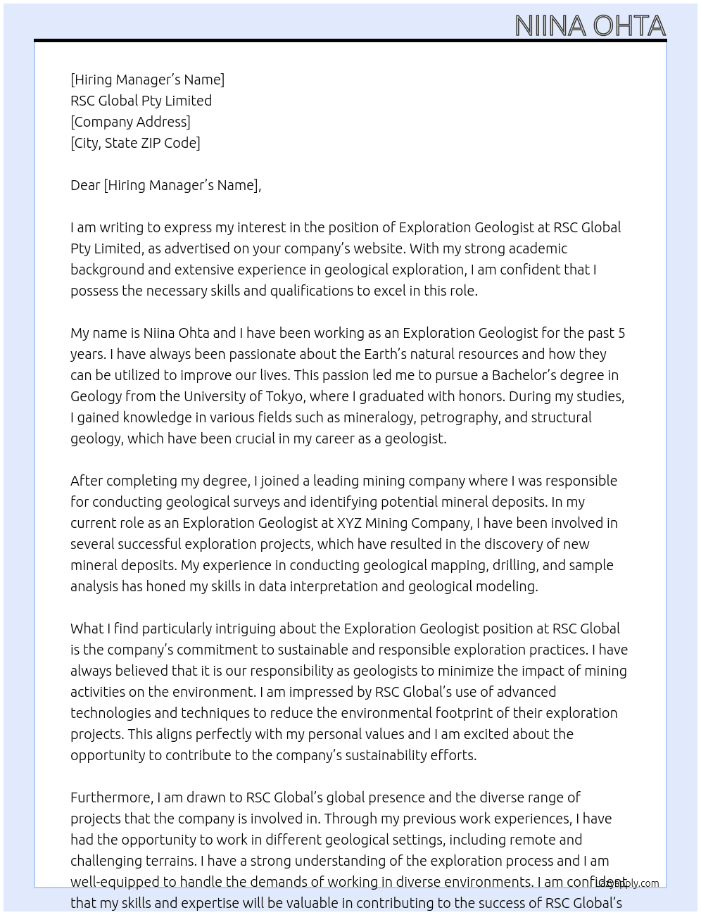 Exploration Geologist At RSC Global Pty Limited Cover Letter
