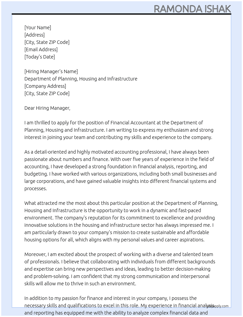 Financial Accountant At Department of Planning, Housing and Infrastructure Cover Letter
