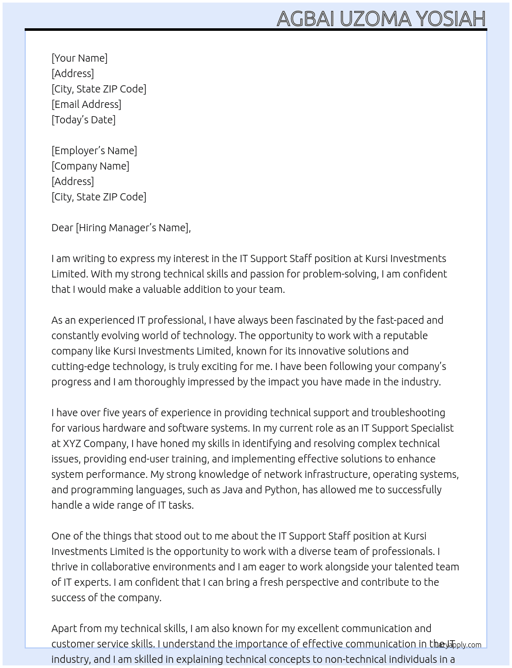 IT Support Staff At Kursi Investments Limited Cover Letter