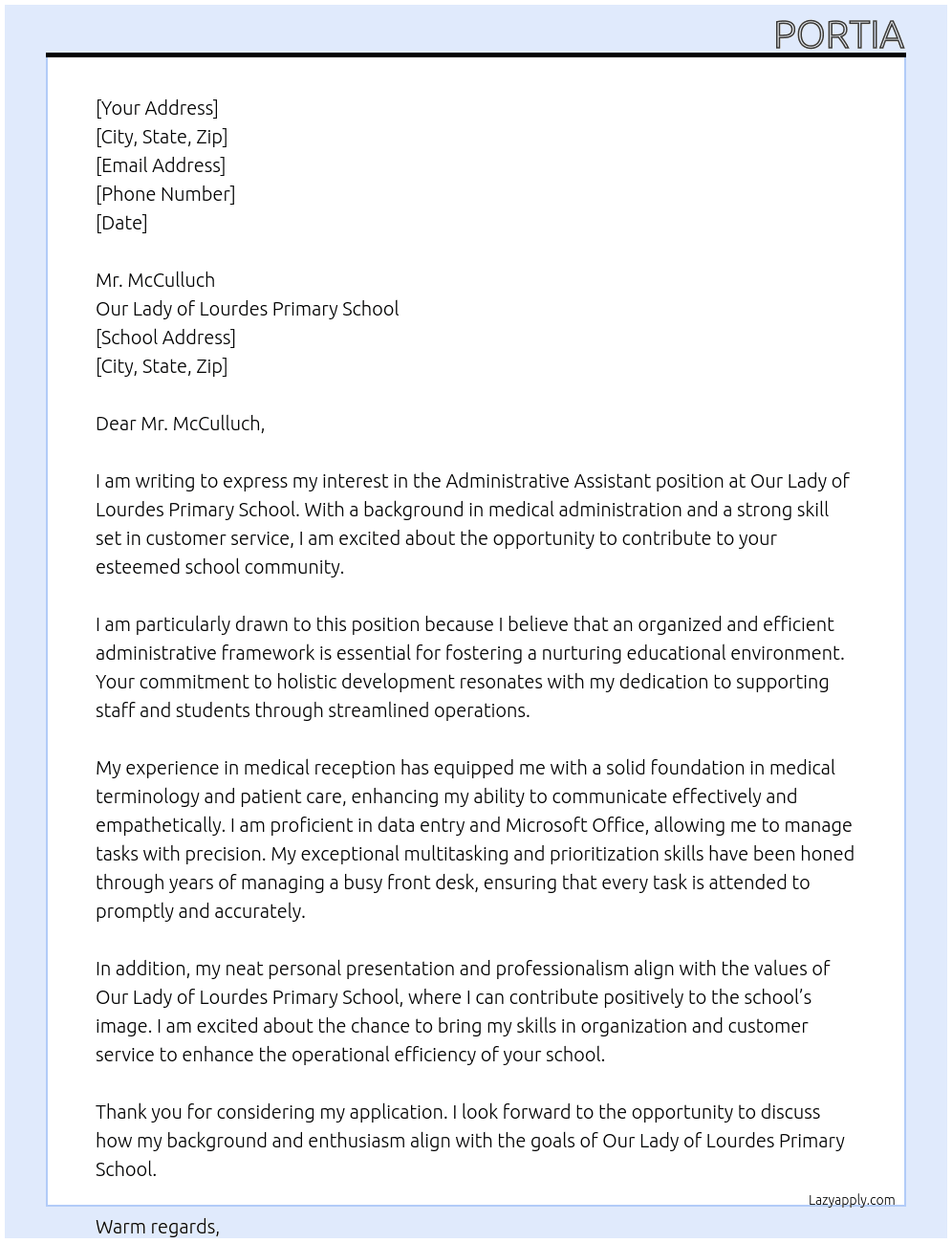 Administrative assistant At Our Lady of Lourdes Primary School  Cover Letter