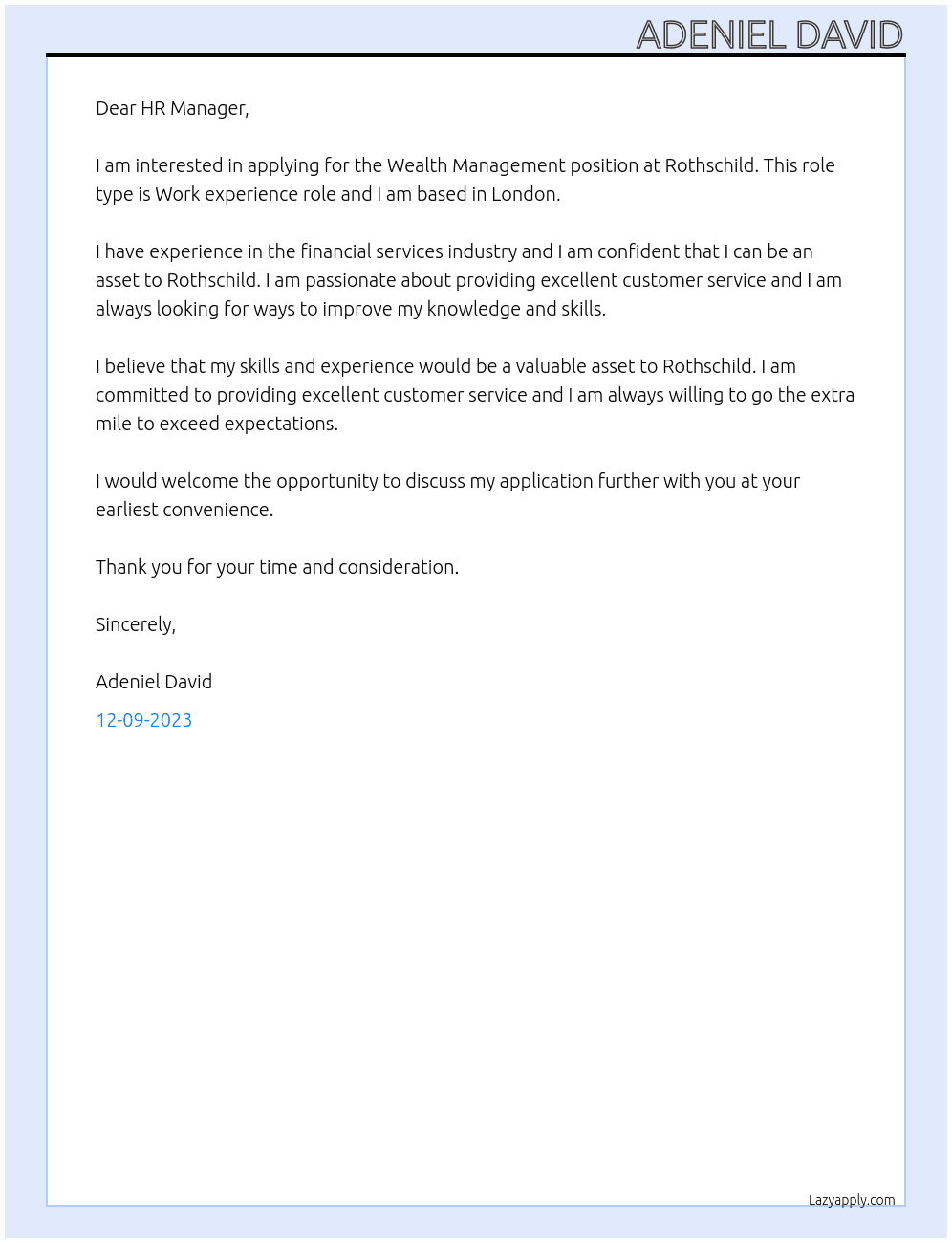 Wealth Management  At Rothschild Cover Letter