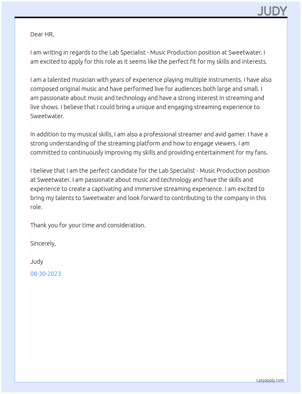 Lab Specialist - Music Production At sweetwater Cover Letter