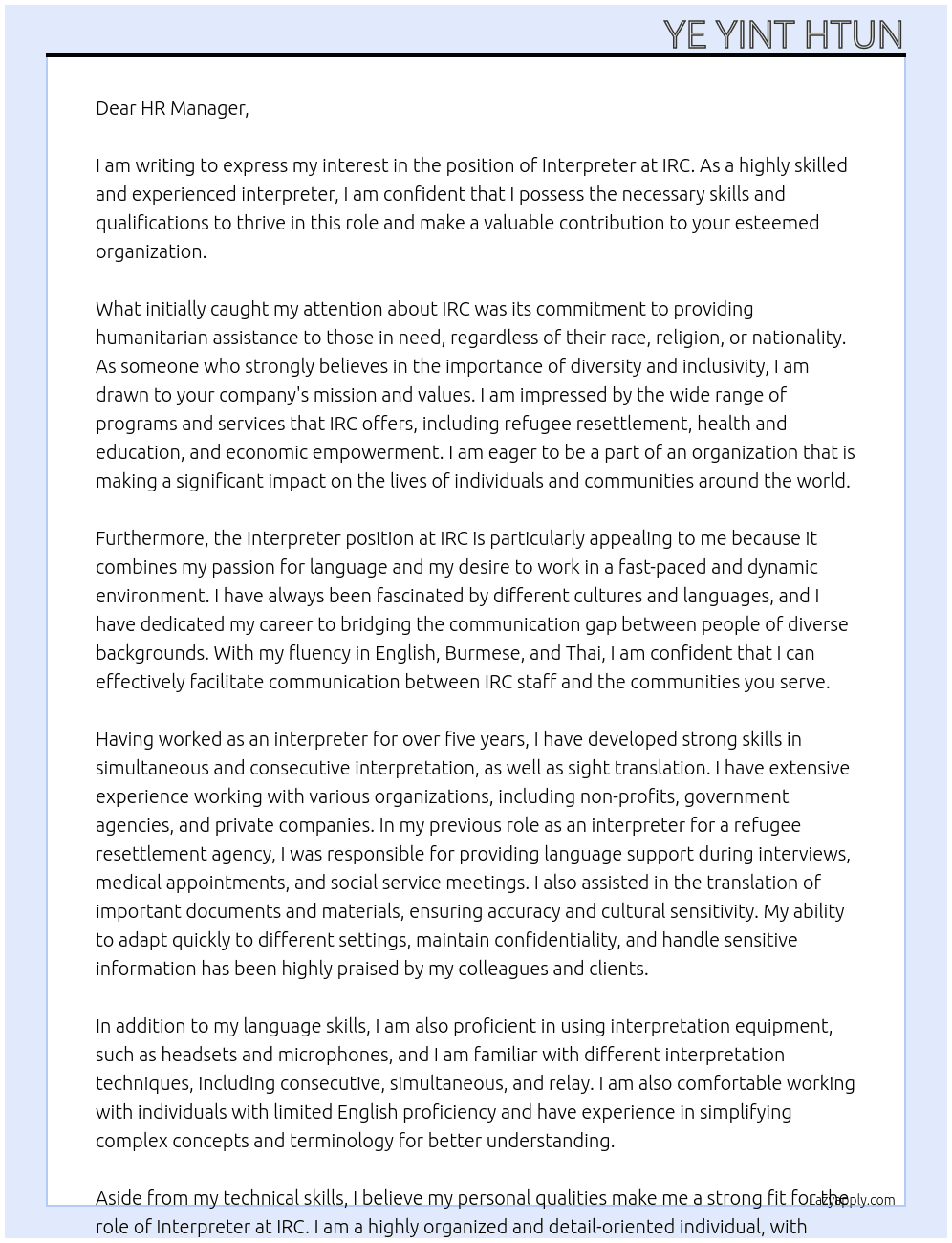 Interpreter  At IRC Cover Letter