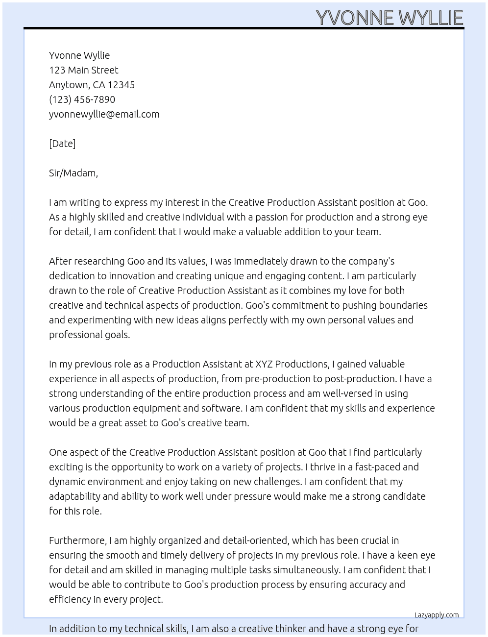 Creative production assistant  At Goo Cover Letter