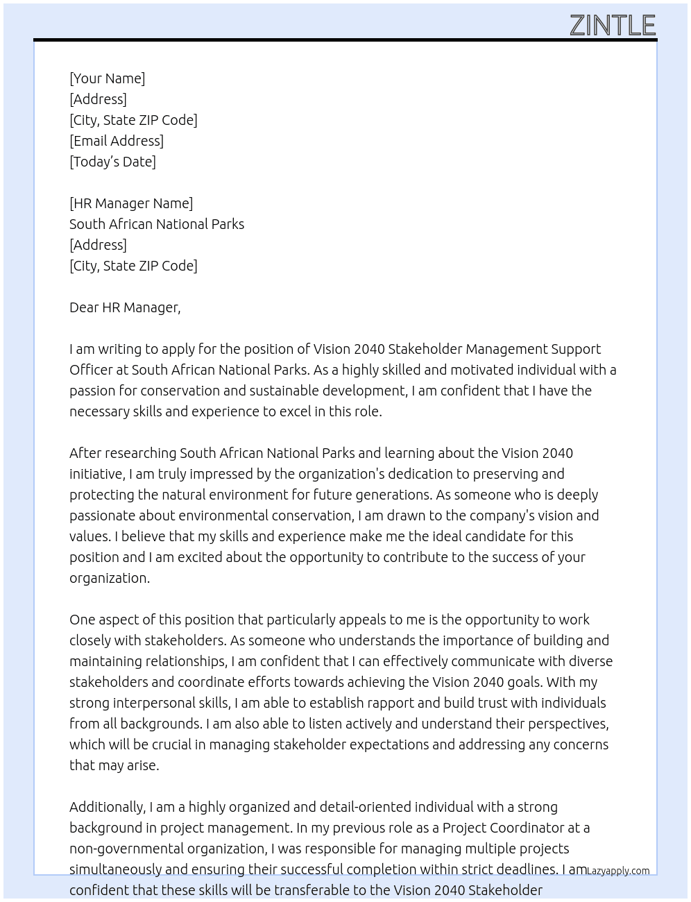Vision 2040 Stakeholder Management Support Officer  At South African National Parks Cover Letter