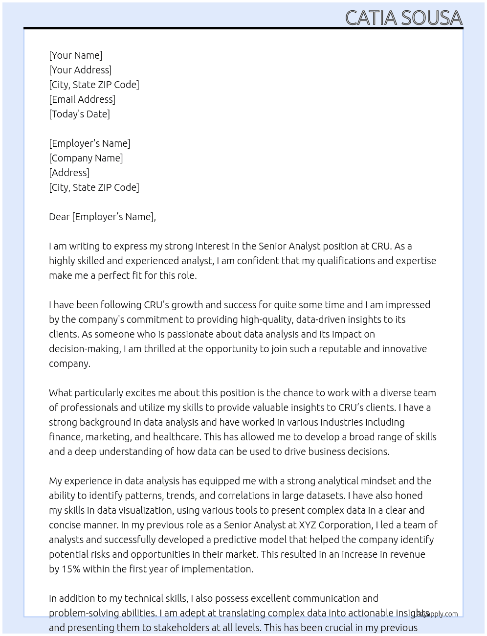 senior analyist At CRU Cover Letter