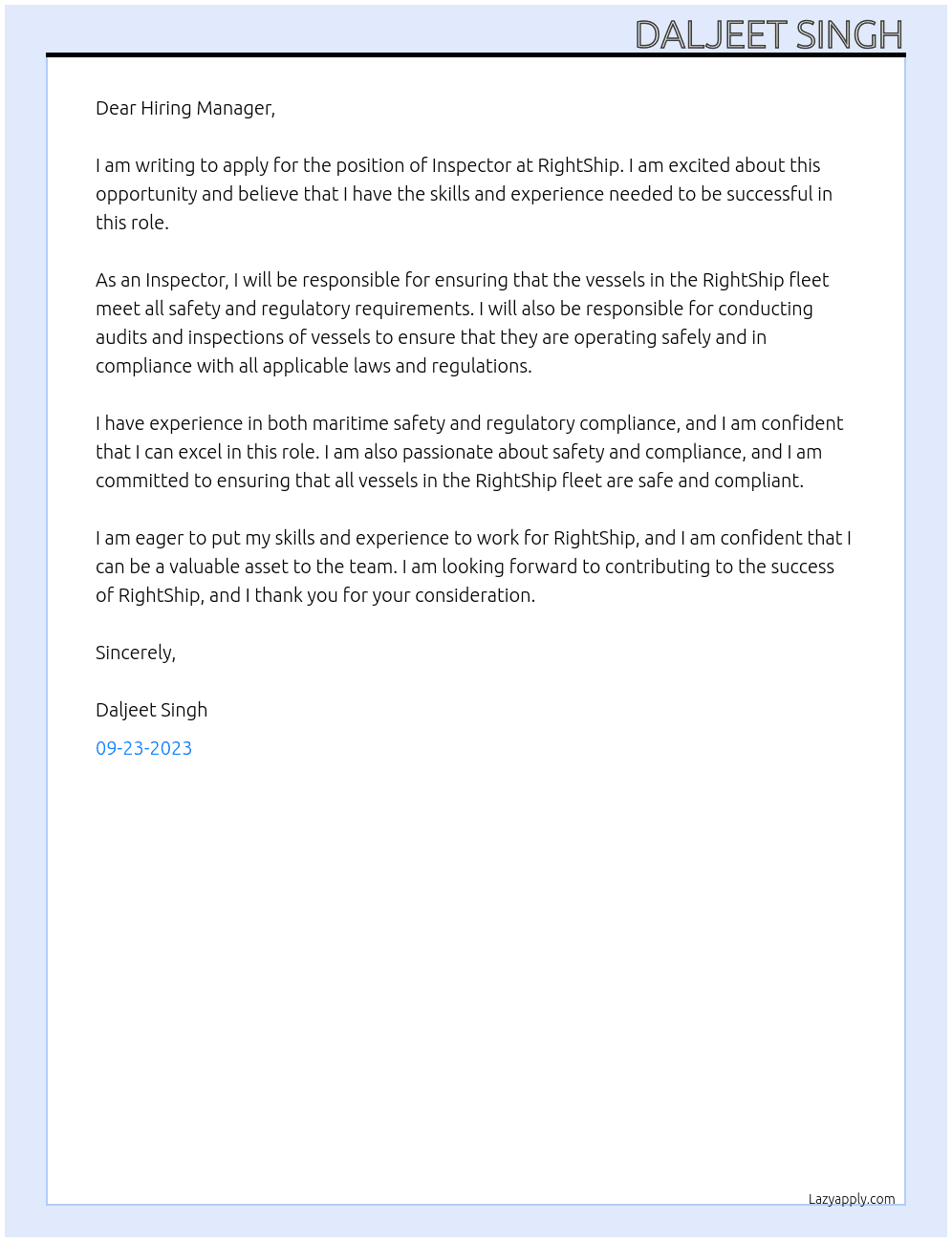 INSPECTOR At RIGHTSHIP Cover Letter