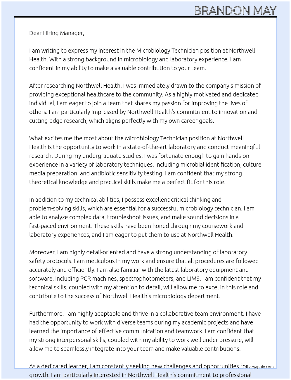 Microbiology Technician At Northwell Health Cover Letter