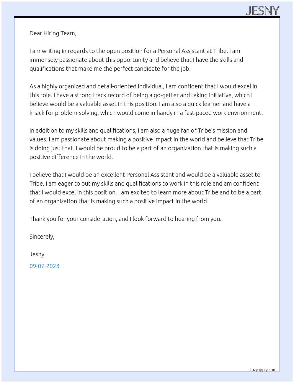 Personal Assistant At Tribe Cover Letter