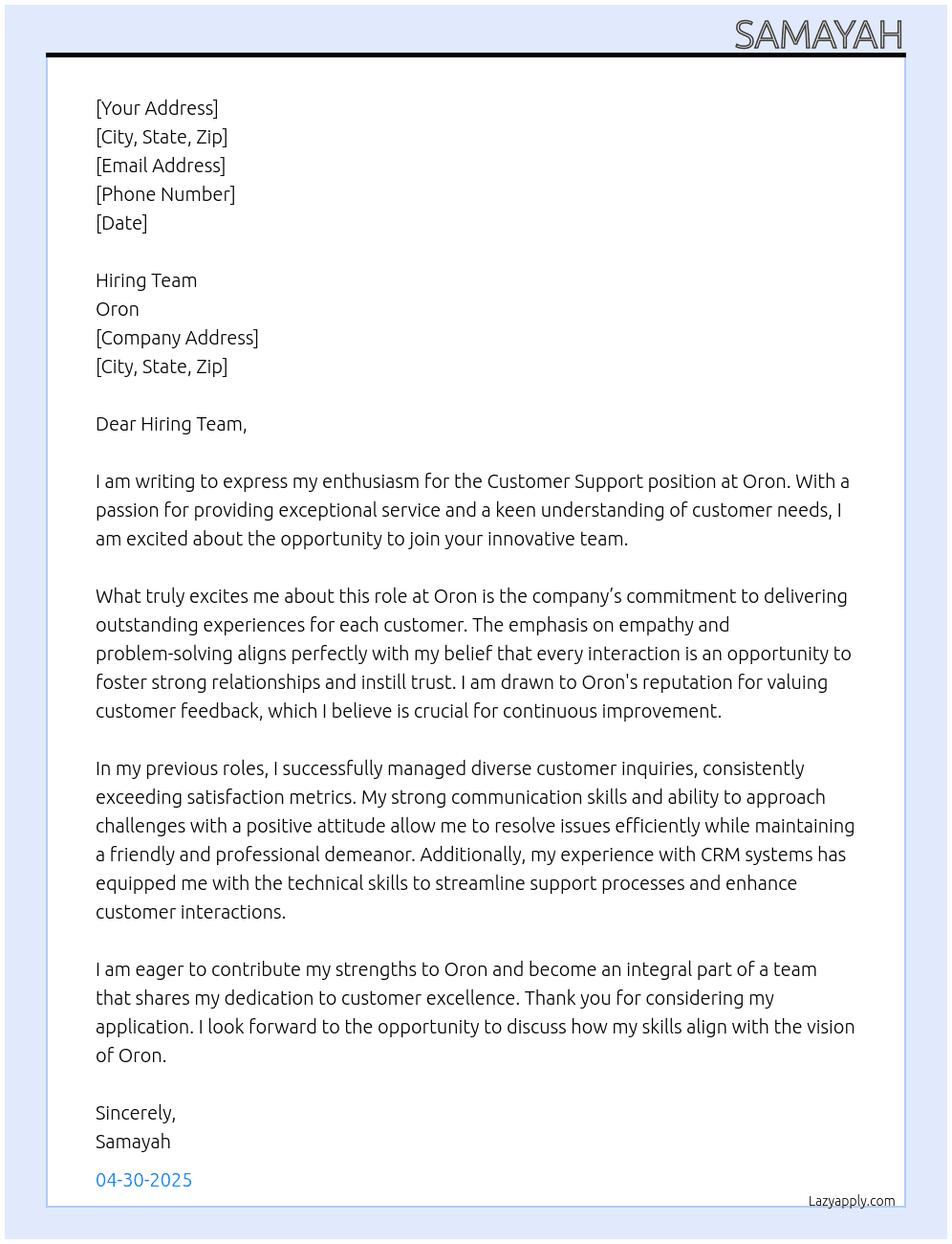 Customer support  At Oron Cover Letter