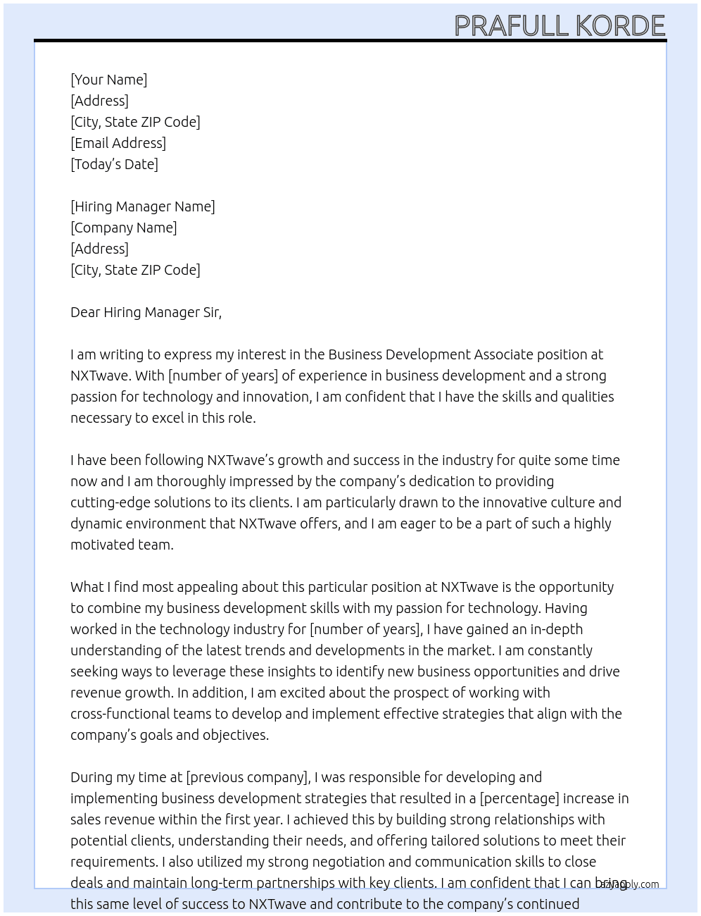 Business development associate  At NXTwave Cover Letter