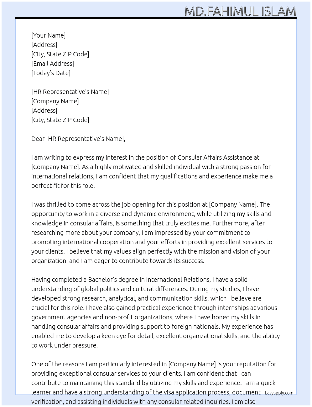 Consular affairs assistance At Md.Fahimul Islam Cover Letter
