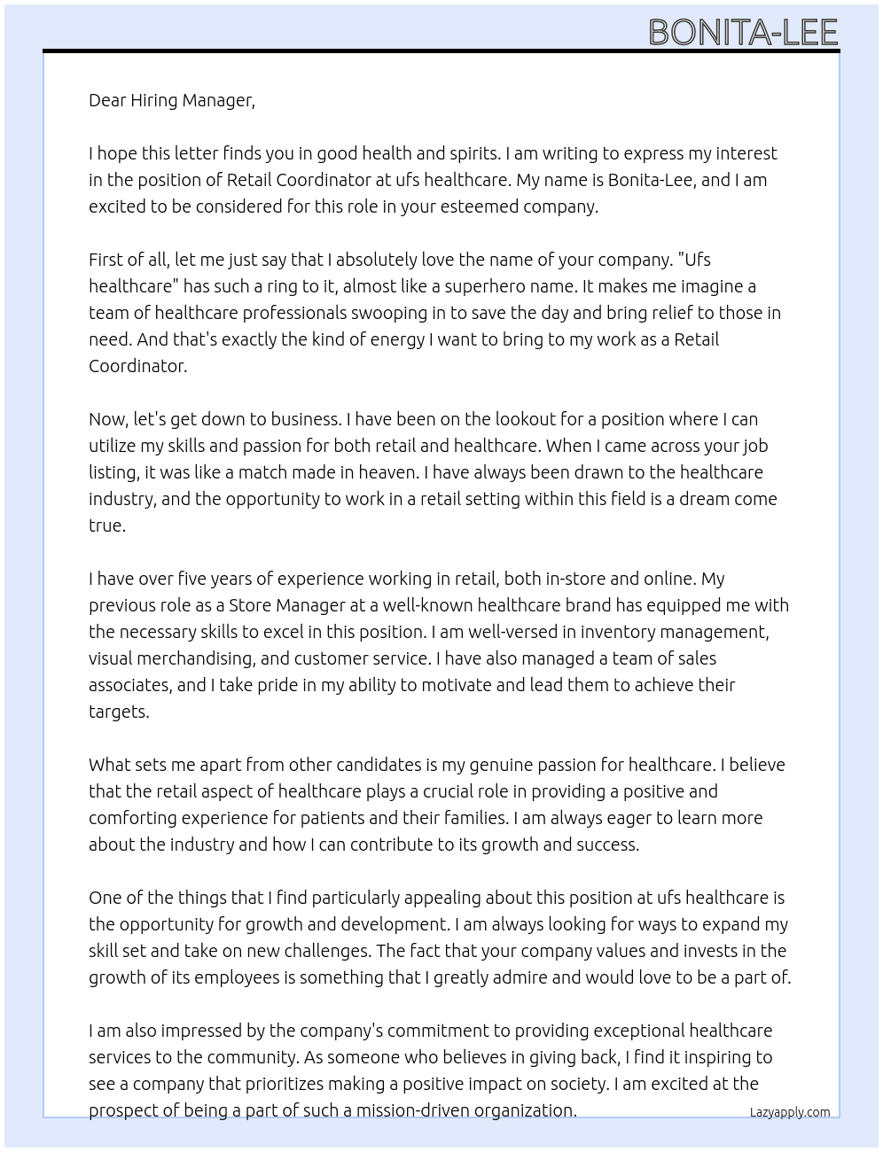 Retail Coordinator At ufs healthcare Cover Letter