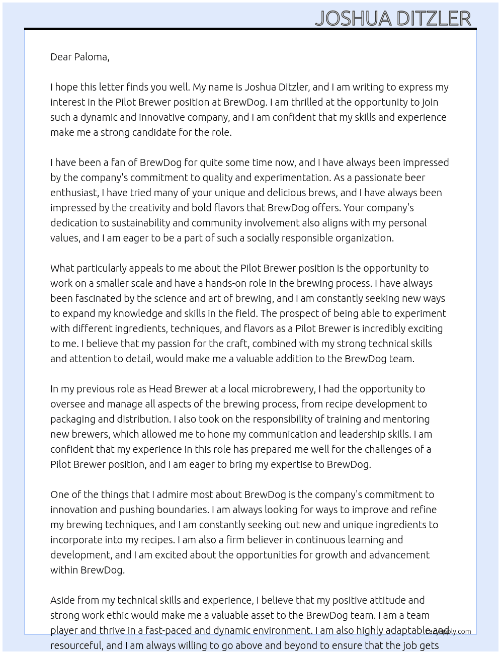 Pilot Brewer  At BrewDog  Cover Letter
