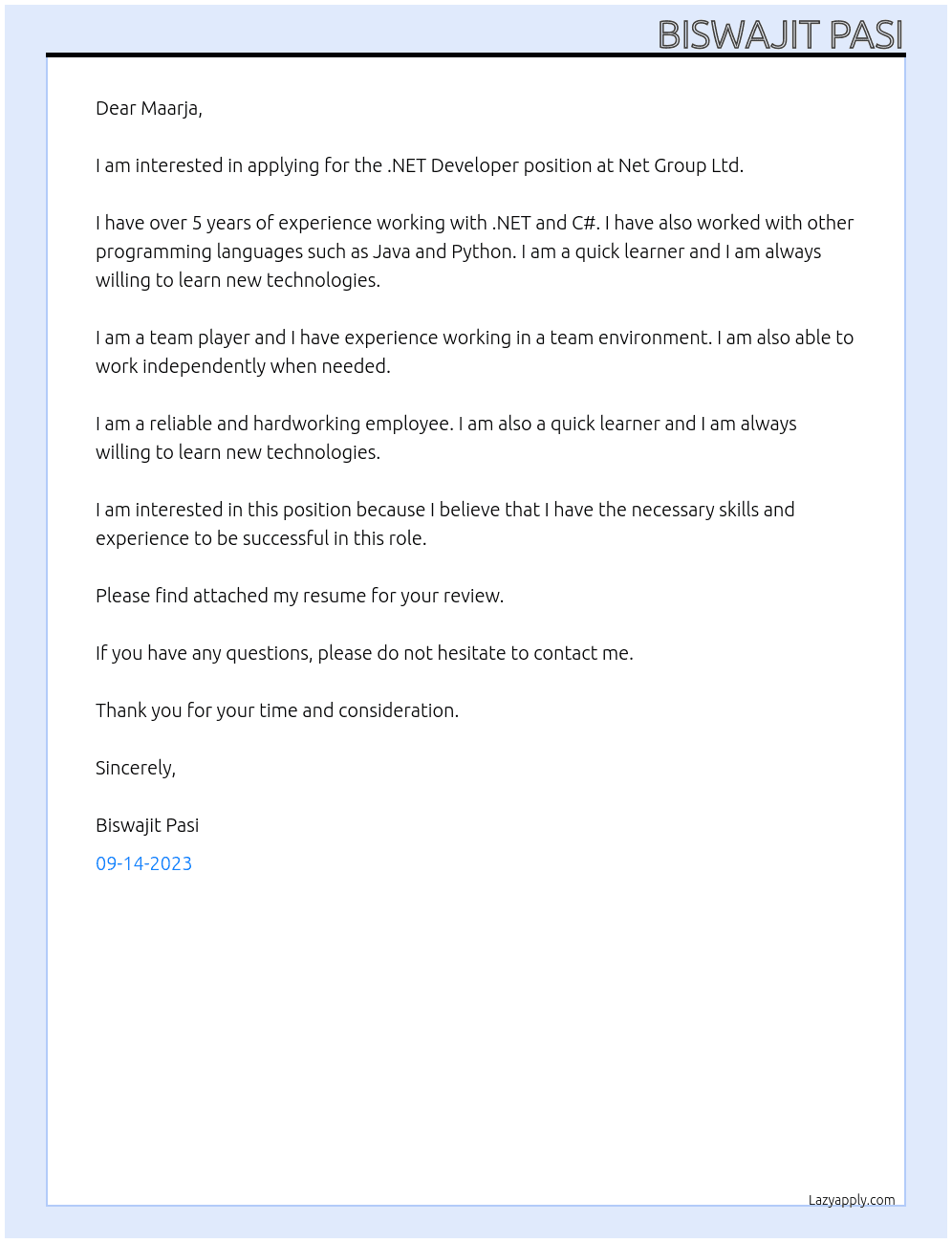 .NET Developer At Net Group Ltd Cover Letter