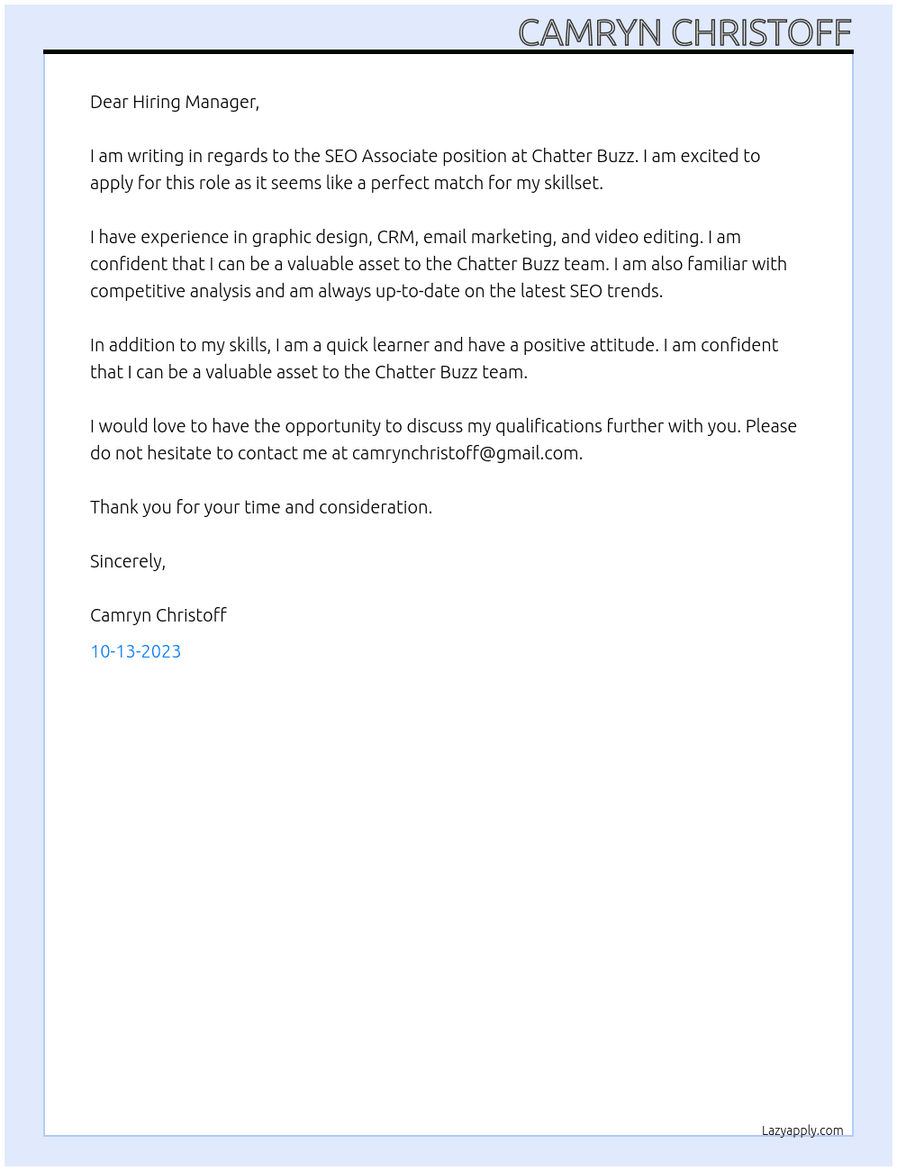 SEO Associate At Chatter Buzz Cover Letter