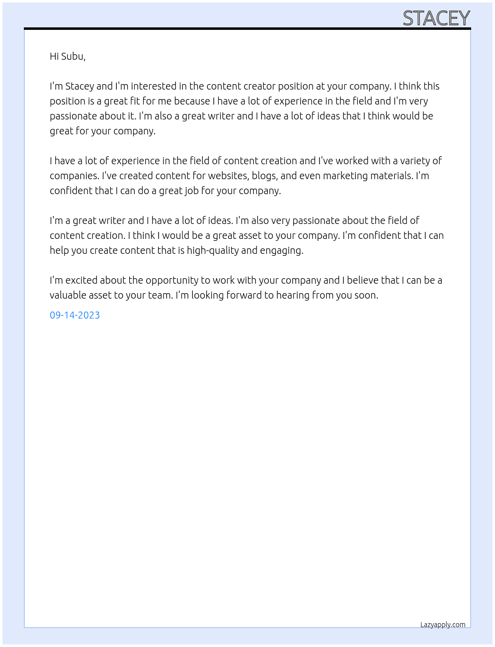 Content Creator At Subu Cover Letter