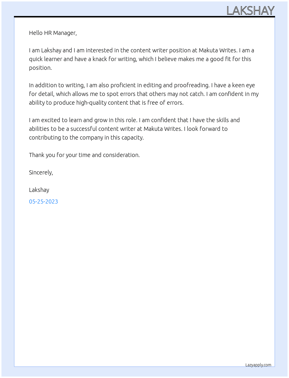 content writer At Makuta writes Cover Letter