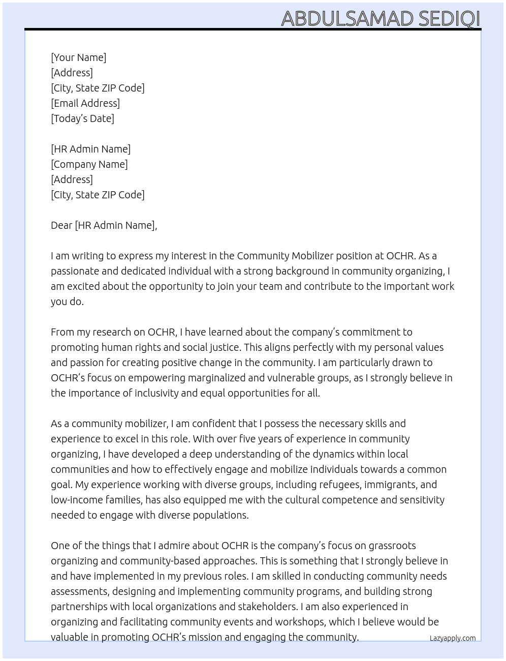 Community mobalizer  At OCHR Cover Letter