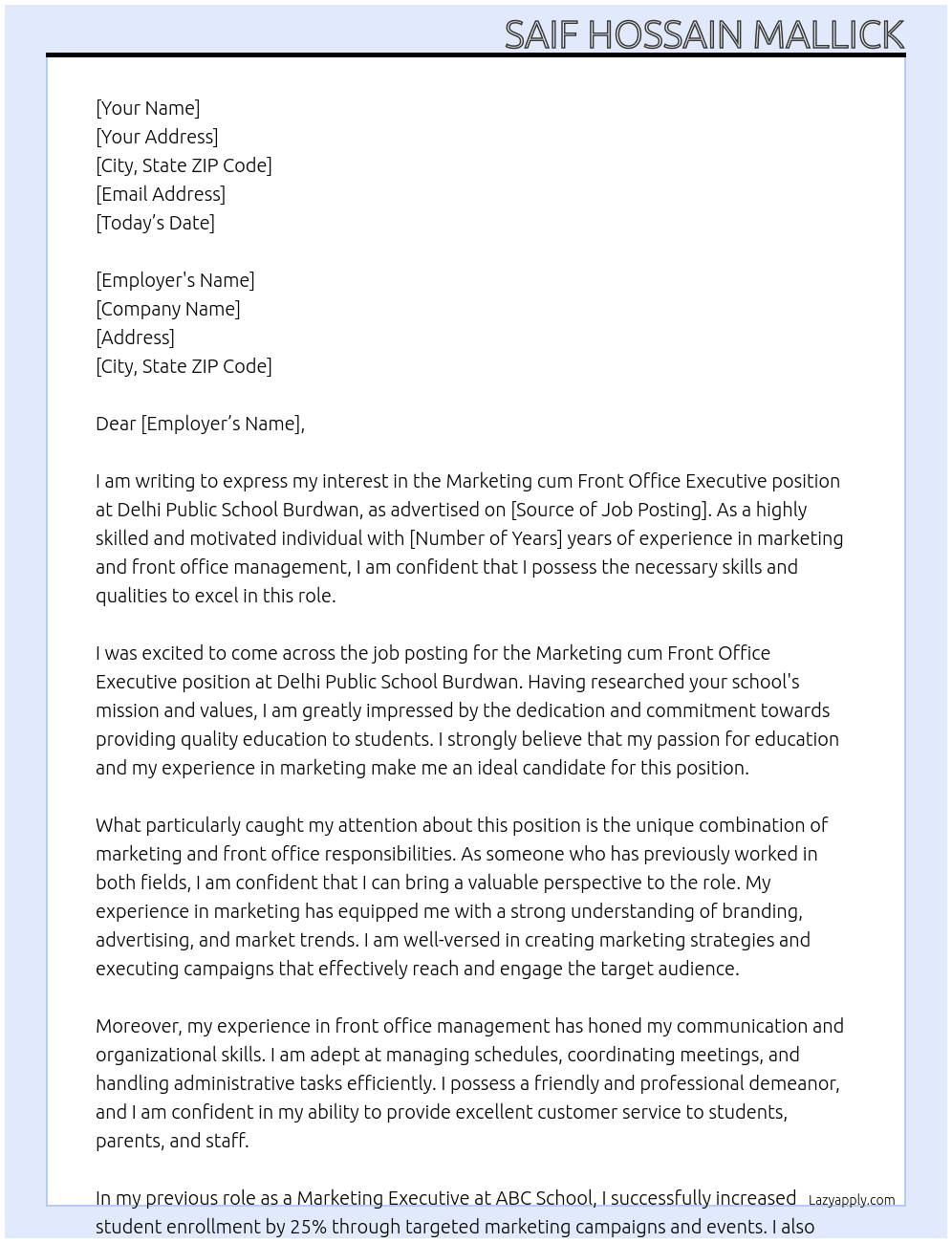 Marketing cum Front Office Executive At Delhi Public School Burdwan Cover Letter