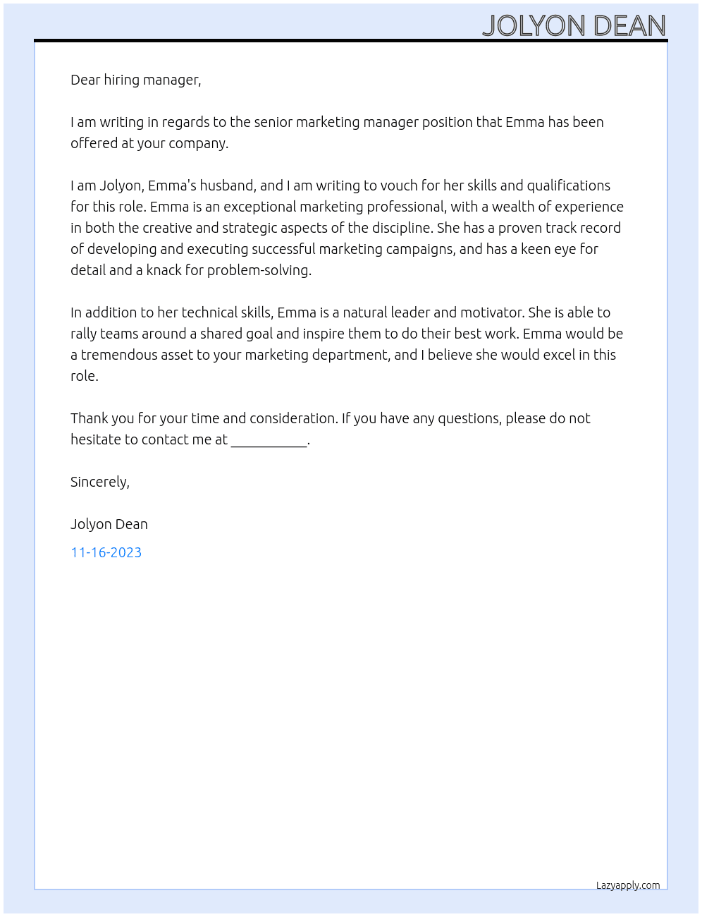 Senior Marketing Manager At the prospective company Cover Letter