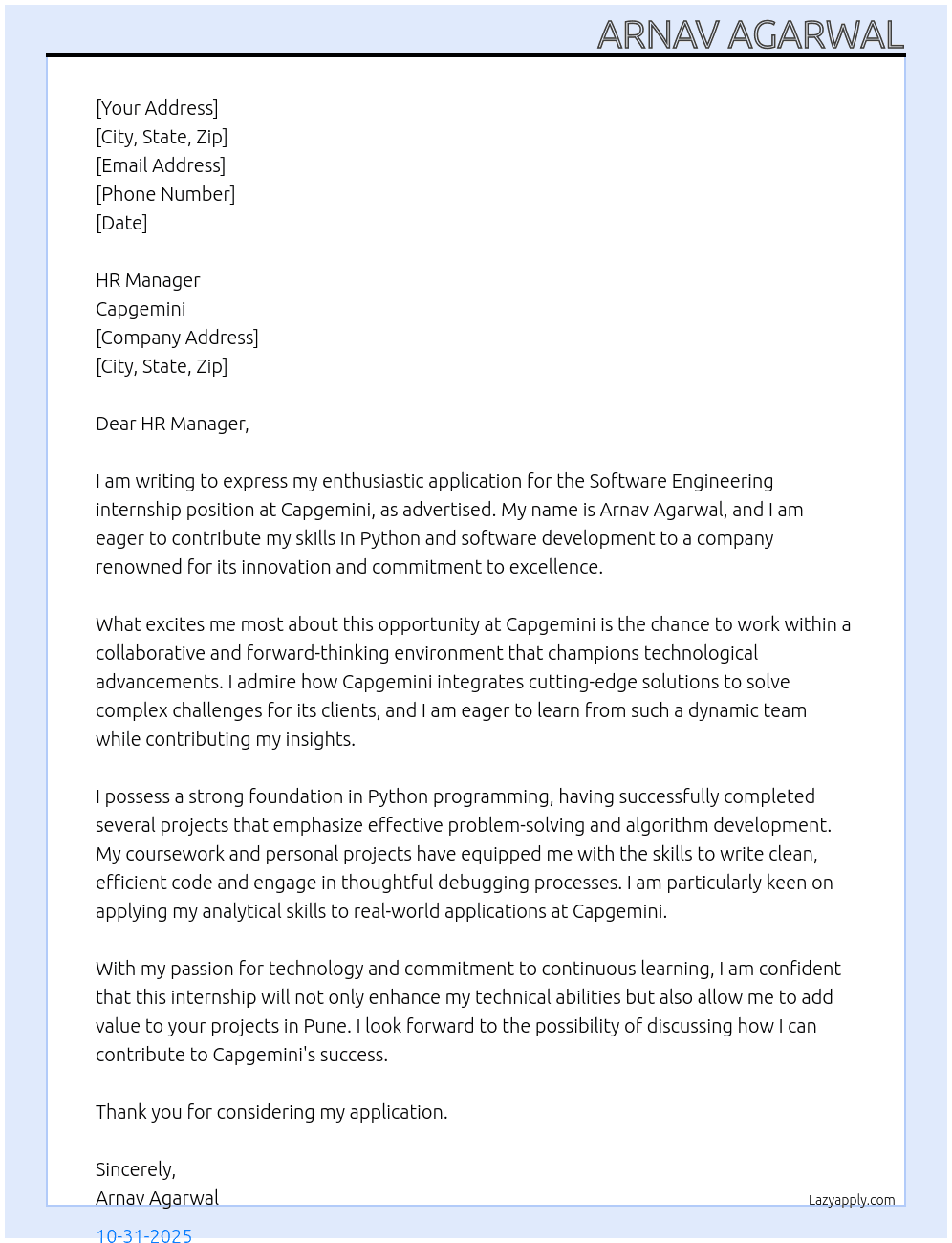 Software Engineering  At Capgemini Cover Letter