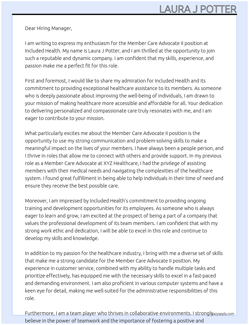 Member Care Advocate II At Included Health Cover Letter