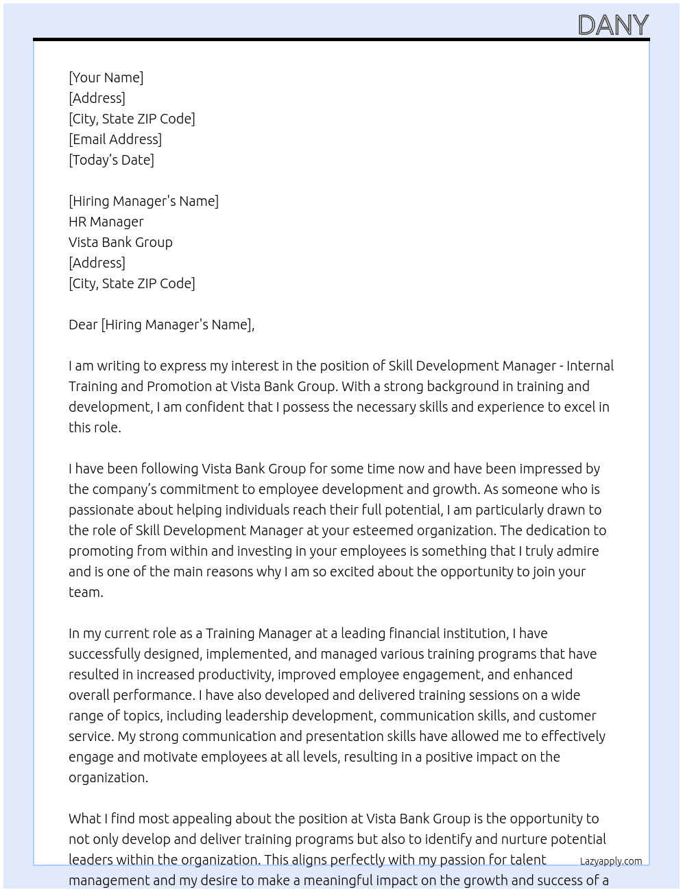 Skill Development Manager - Internal Training and Promotion At Vista Bank Group Cover Letter