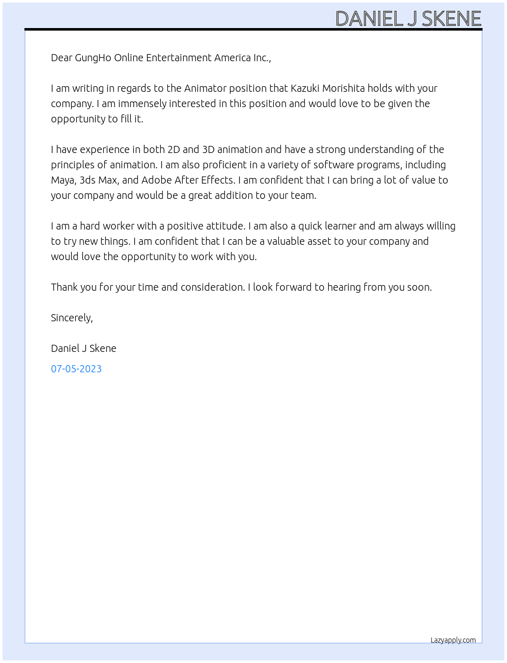 Animator  At GungHo Online Entertainment America Inc.  Cover Letter