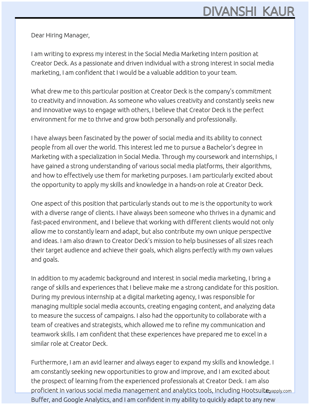 Social Media Marketing Intern At Creator Deck Cover Letter