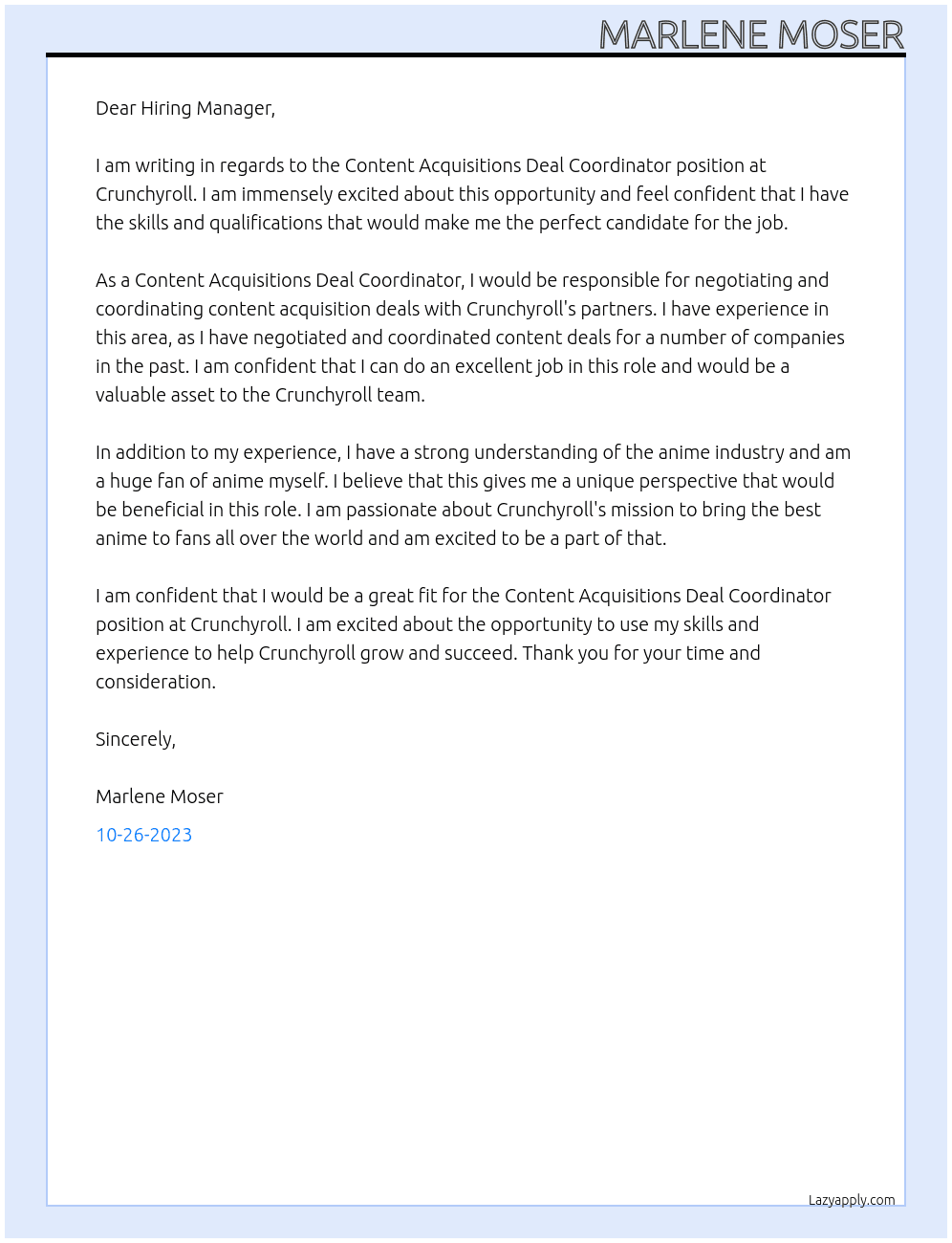 Content Acquisitions Deal Coordinator At Crunchyroll Cover Letter