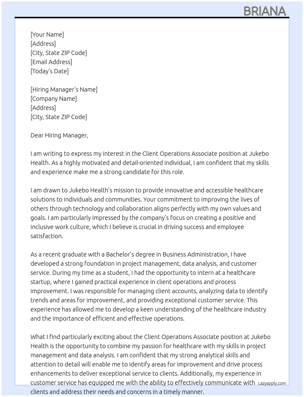 Client Operations Associate At Jukebo Health Cover Letter