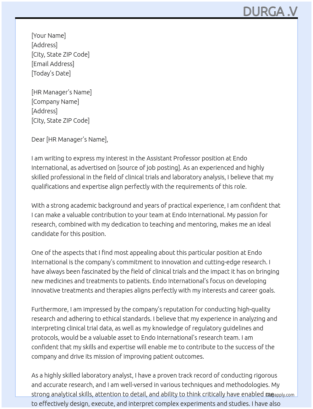 Assistant professor  At Endo international  Cover Letter