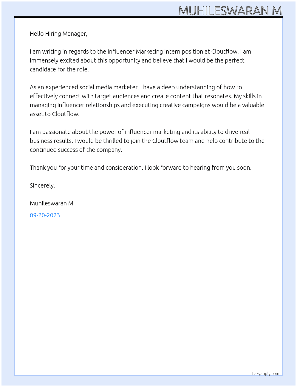 Influencer marketing intern At cloutflow Cover Letter
