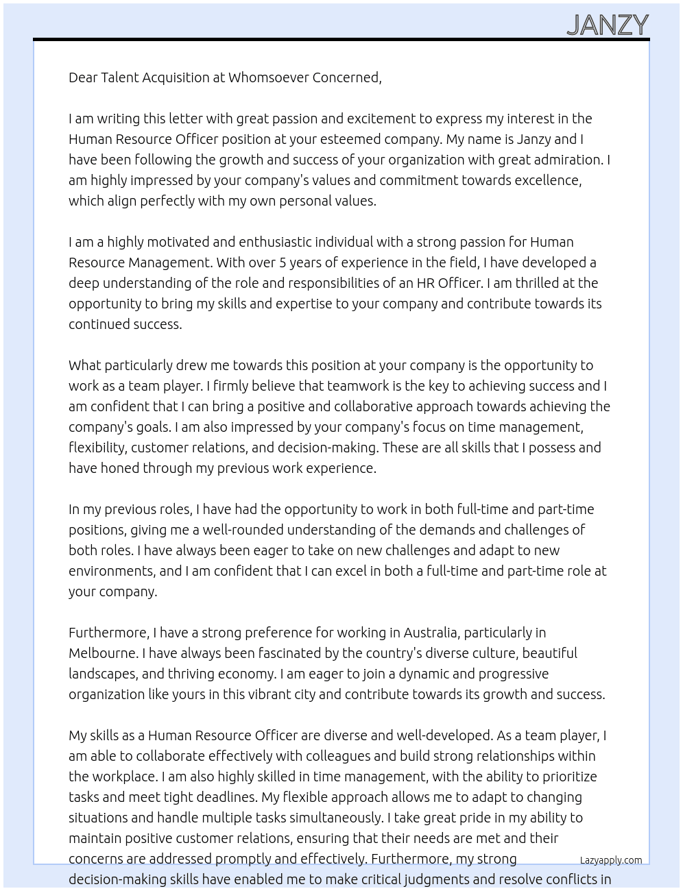 Human Resource Officer At whomsover concerned Cover Letter