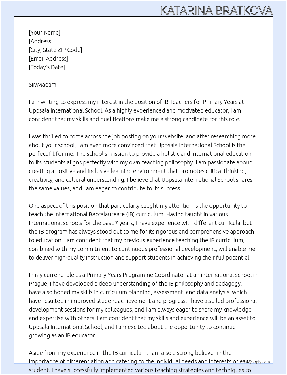 IB Teachers for Primary Years At Uppsala International School  Cover Letter
