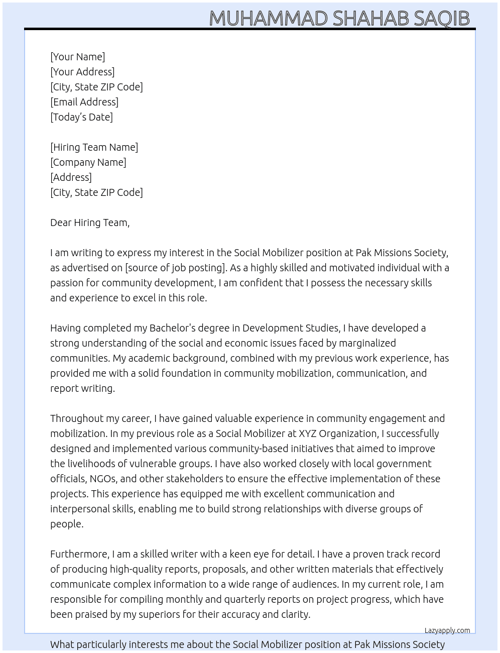 Social Mobilizer  At Pak Missions Society  Cover Letter