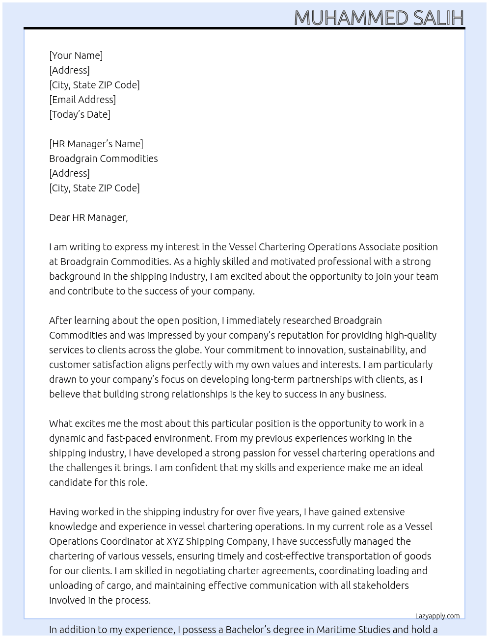 Vessel Chartering Operations Associate At Broadgrain Commodities Cover Letter