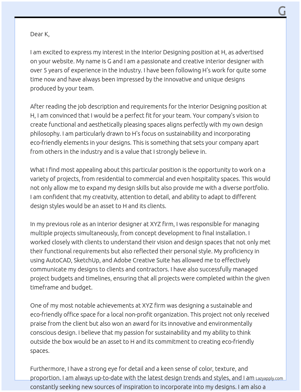 Cover letter for interior designing - LazyApply