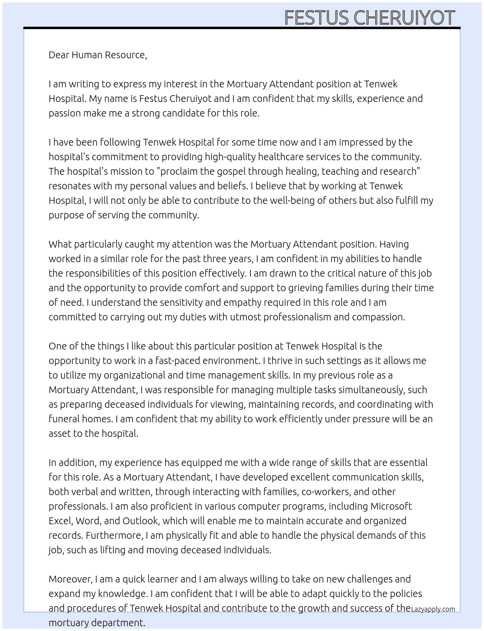 Mortuary attendant At Tenwek  hospital Cover Letter
