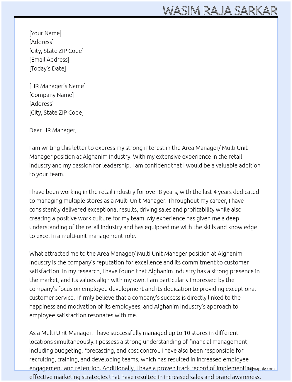 Area Manager/ Multi Unit Manager At Alghanim industry  Cover Letter