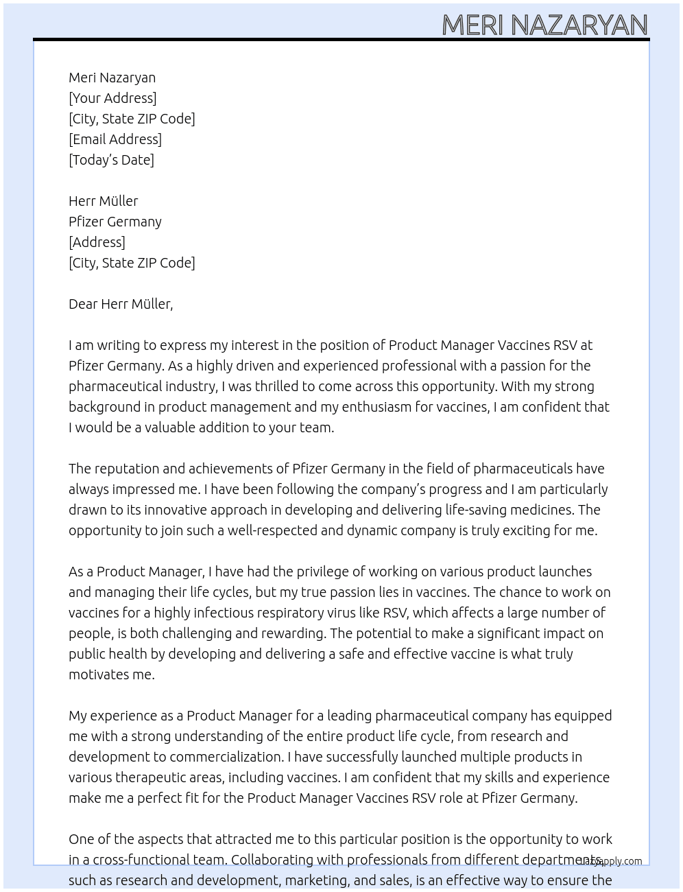 Product Manager Vaccines RSV At Pfizer Germany Cover Letter