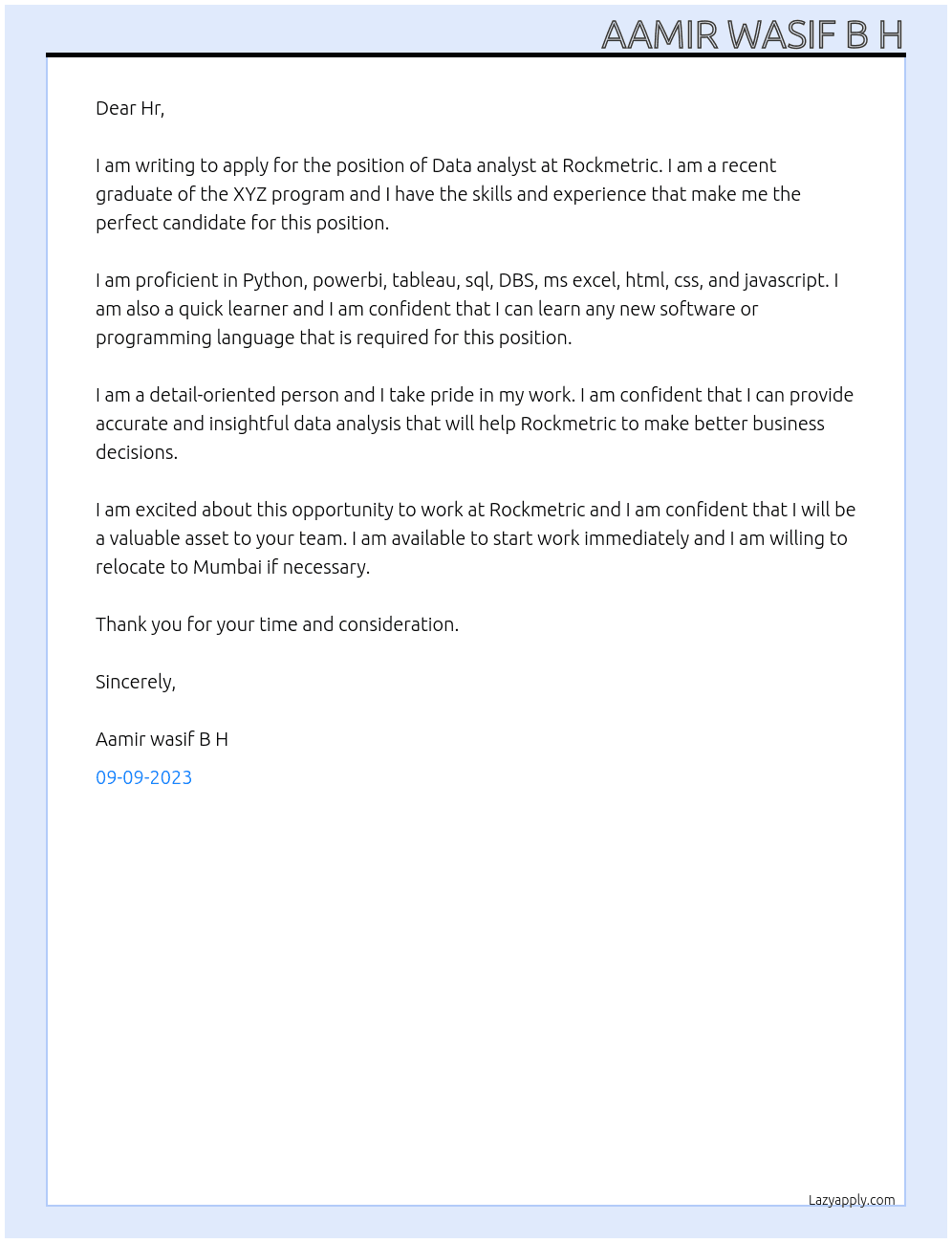 Data analyst  At Rockmetric Cover Letter
