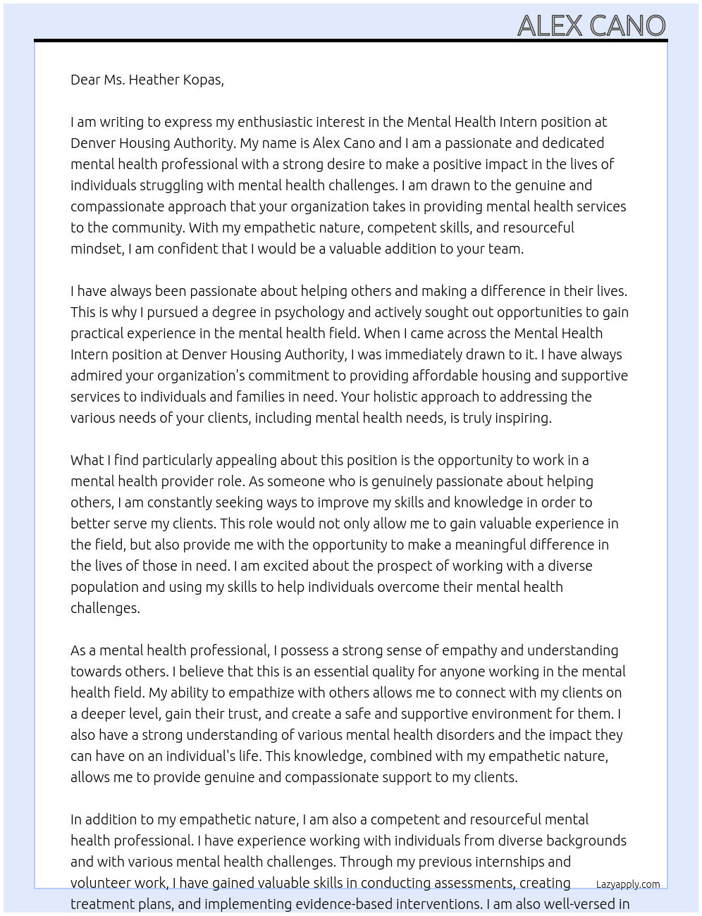 Mental Health Intern At Denver Housing Authority Cover Letter