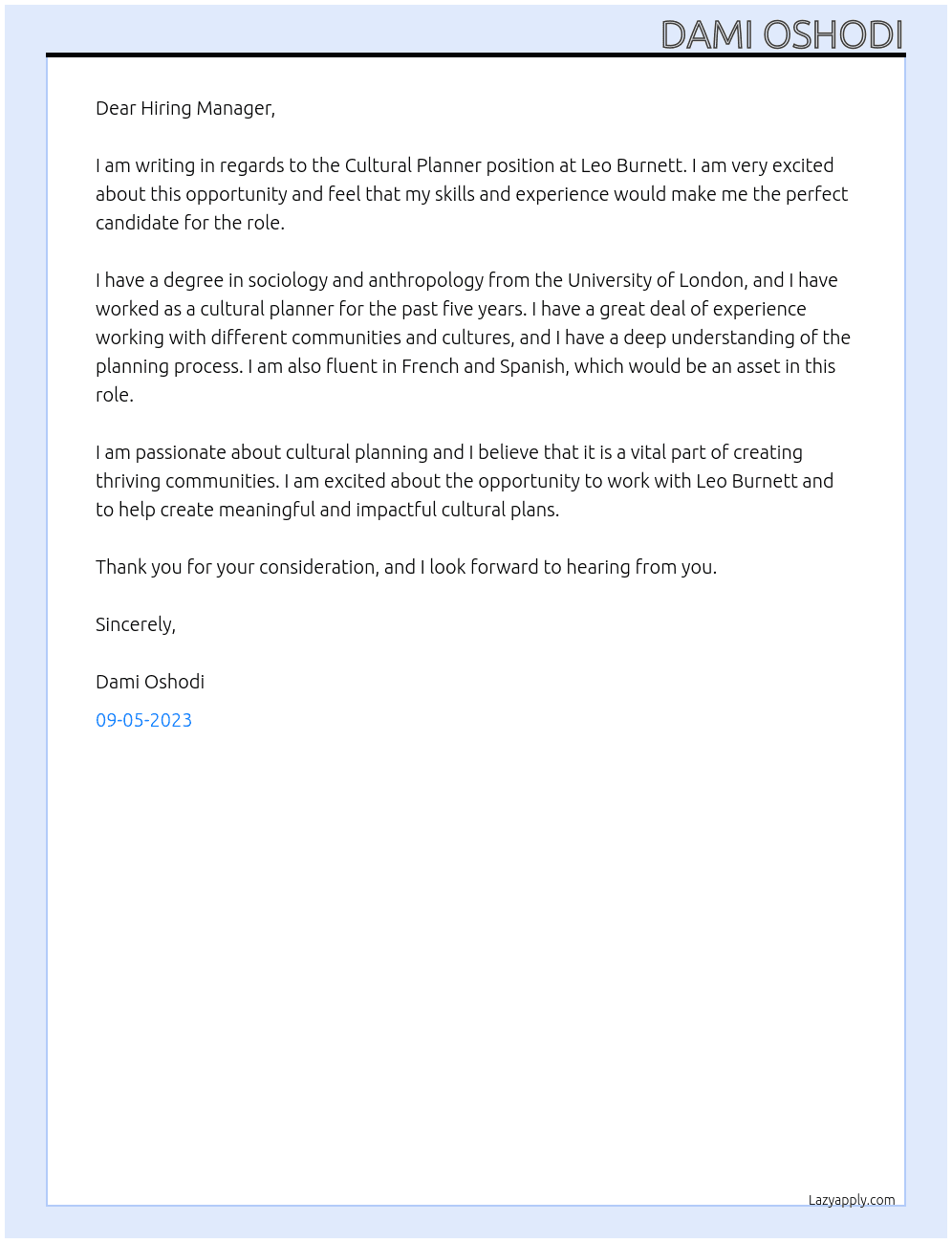 Cultural Planner At Leo Burnett Cover Letter