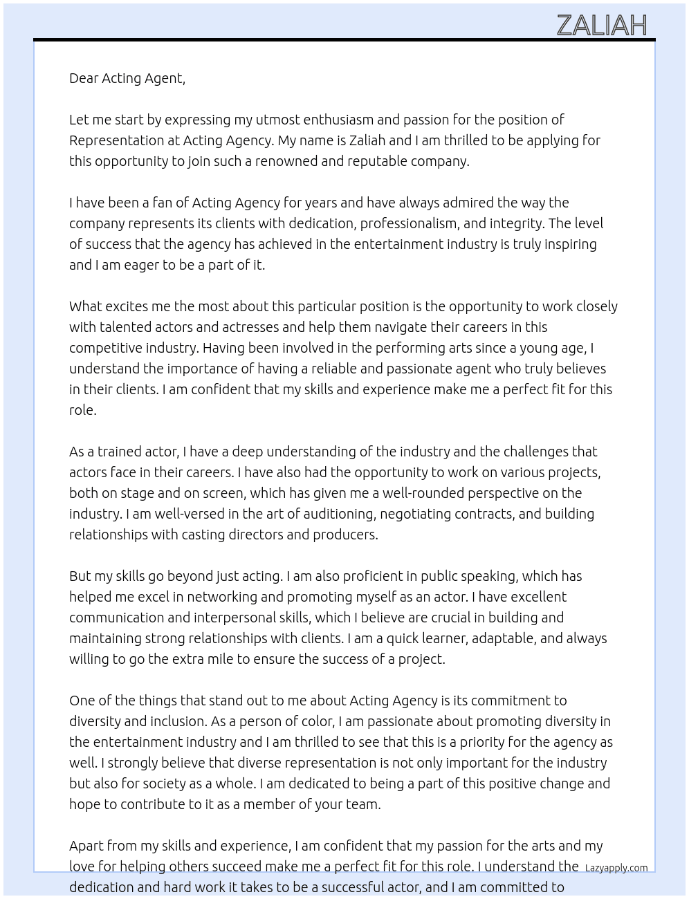Representation At Acting Agency Cover Letter